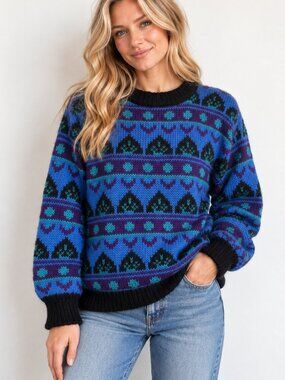 Vintage Gallagher Blue Geometric Print Mohair Blend Pullover Sweater M